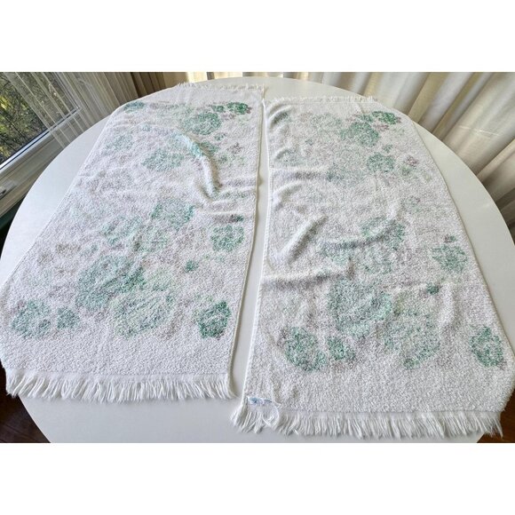Vintage 70s bath towels, large green roses bouquet, fringed, 100% cotton, pair - Picture 2 of 9